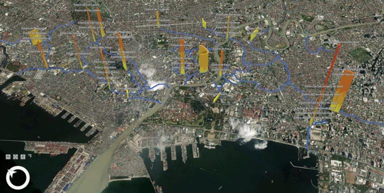 Screenshot of the Pasig River Digital Twin platform showing river waste accumulation hotspots in tributaries and urban waterways. Photo credit: Authors.