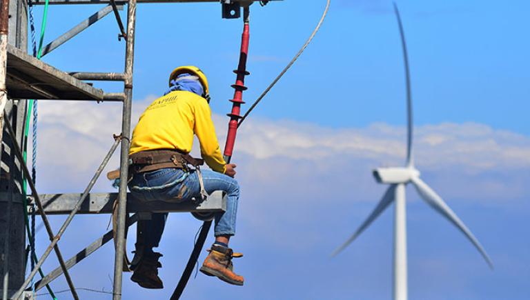 Wind and solar energy are available only when the wind blows or when the sun shines. Battery storage offers a solution to storing excess supply from variable renewable energy sources. Photo credit: ADB.